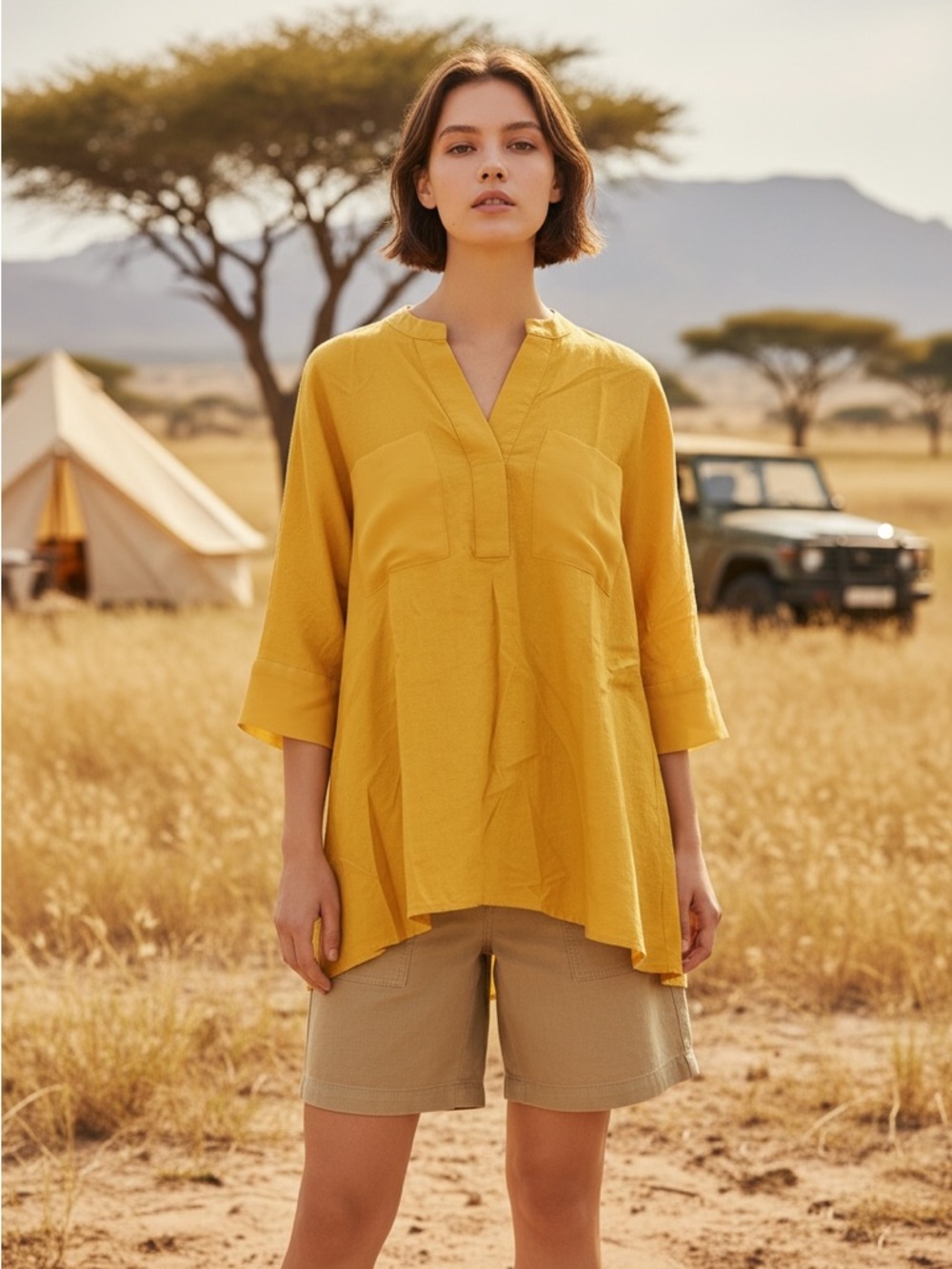 Anne Klein Mustard Yellow Lightweight Linen blend Tunic Top